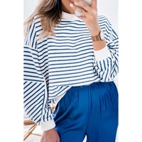 Blue Stripe Drop Shoulder Crew Neck Loose Sweatshirt - L thumbnail