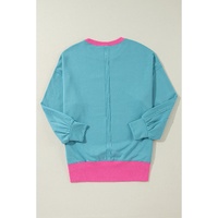 Light Blue Colorblock Patchwork Crew Neck Loose Sweatshirt - L thumbnail