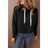 Black Solid Drop Shoulder Drawstring Cropped Hoodie - M thumbnail