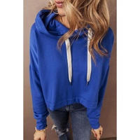 Dark Blue Solid Drop Shoulder Drawstring Cropped Hoodie - L thumbnail