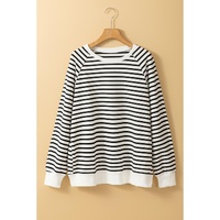 Black Stripe Raglan Sleeve Side Slits Loose Sweatshirt - L thumbnail