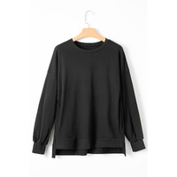 Black Solid O Neck High Low Hem Pullover Sweatshirt - M thumbnail