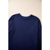 Navy Blue Solid O Neck High Low Hem Pullover Sweatshirt - L thumbnail