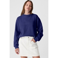 Navy Blue Plain Drop Shoulder Crewneck Pullover Sweatshirt - L thumbnail