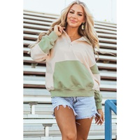 Laurel Green Colorblock Patchwork Buttoned Collar Kangaroo Pocket Sweatshirt - L thumbnail