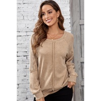 Light French Beige Solid Waffle Knit Patchwork Raglan Sleeve Sweatshirt - 2XL thumbnail