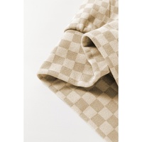 Khaki Checkered Print Kangaroo Pocket Drawstring Hoodie - L thumbnail