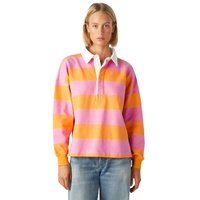 Yellow Stripe Color Block Polo Collar Sweatshirt - L thumbnail