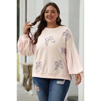 Parchment Embroidered Bow Lantern Sleeve Oversized Pullover Sweatshirt - L thumbnail