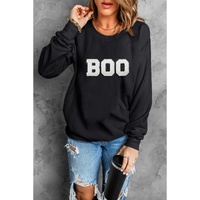 Black Chenille BOO Patched Pattern Crewneck Halloween Sweatshirt - L thumbnail