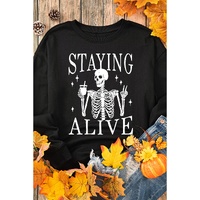 Black STAYING ALIVE Skull Graphic Crewneck Halloween Sweatshirt - S thumbnail