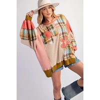 Multicolour Waffle Knit Plaid Patchwork Side Slits Loose Sweatshirt - S thumbnail