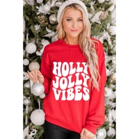 Red HOLLY JOLLY VIBES Graphic Crewneck Christmas Sweatshirt - S thumbnail