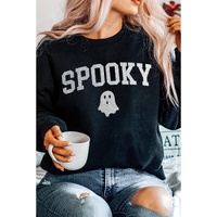 Black Glitter SPOOKY Ghost Pattern Crew Neck Halloween Sweatshirt - XL thumbnail