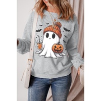 Gray Halloween Ghost Print Crewneck Drop Shoulder Sweatshirt - 2XL thumbnail