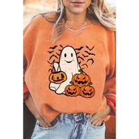 Orange Halloween Ghost Pumpkin Bat Print Corded Pullover Sweatshirt - L thumbnail