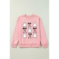 Pink Ghost Bowknot Printed Drop Shoulder Halloween Sweatshirt - L thumbnail