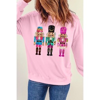 Pink Cute Nutcracker Printed Drop Shoulder Christmas Sweatshirt - S thumbnail