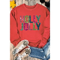 Red Heat Transfer HOLLY JOLLY Printing Christmas Pullover Sweatshirt - S thumbnail
