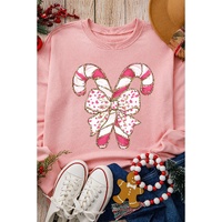 Pink Christmas Bow Candy Cane Graphic Drop Shoulder Crew Neck Sweatshirt - S thumbnail