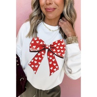 White Heart Bow Printed Round Neck Valentines Pullover Sweatshirt - L thumbnail