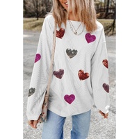 White Valentines Heart Patched Pattern Corded Pullover Sweatshirt - M thumbnail