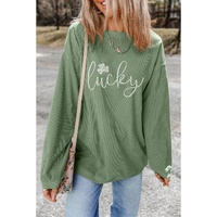 Grass Green Rhinestone lucky Clover Graphic Ribbed St Patrick Sweatshirt - S thumbnail