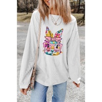 White Floral Rabbit with Glasses Graphic Corded Easter Sweatshirt - M thumbnail