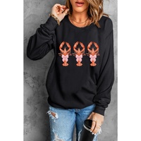 Black Cute Bow Crawfish Printed Drop Shoulder Sweatshirt - S thumbnail