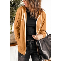 Brown Zip-Up Pocket Drawstring Hoodie Jacket - M thumbnail