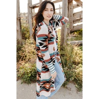 Multicolor Geometric Color Block Open Front Long Cardigan - 2XL thumbnail