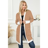 Brown Striped Side Pockets Open Front Cardigan - L thumbnail