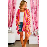 Rose Stripe Wide Sleeve Open Front Kimono - One Size thumbnail
