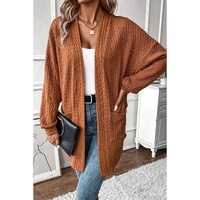 Chestnut Textured Knit Side Pockets Open Front Cardigan - L thumbnail