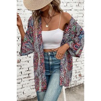 Red Paisley Print Open Front Kimono - M thumbnail