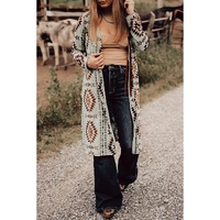 Brown Western Aztec Printed Open Front Long Cardigan - L thumbnail