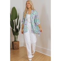 White Boho Floral Printed Rhinestone 3/4 Sleeve Open Front Kimono - XL thumbnail