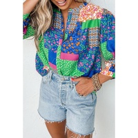 Azura Exchange Floral Patchwork Print Puff Sleeve Shirt - L thumbnail