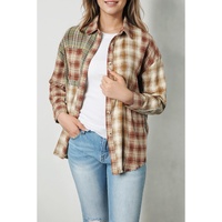 Brown Multi Plaid Patchwork Raw Edge Casual Shirt - XL thumbnail