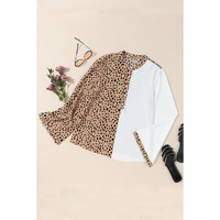 Khaki Leopard Contrast Half Button Casual Blouse - M thumbnail