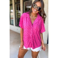 Bright Pink Lapel Neck Checkered Textured Short Sleeve Shirt - L thumbnail