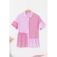 Pink Stripe Striped Patchwork Ruffled Hem Button up Shirt - L thumbnail