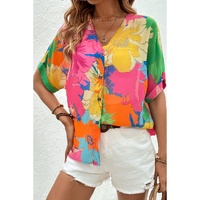 Multicolour Floral Print Folded Short Sleeve Shirt - L thumbnail