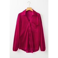 Pitaya Pink Buttoned V Neck Chest Pocket Velvet Shirt - XL thumbnail