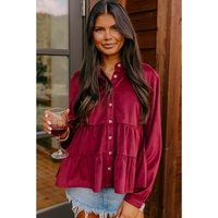 Burgundy Corduroy Ruffle Tiered Buttoned O Neck Shirt - XL thumbnail