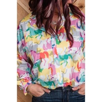 White Colorful Horse Printed Long Sleeve Button Up Casual Shirt - S thumbnail
