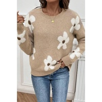Parchment Flower Pattern Ribbed Trim Crew Neck Sweater - L thumbnail