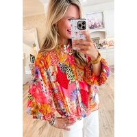 Red Abstract Floral Print Buttoned Ruffled Bubble Sleeve Shirt - L thumbnail