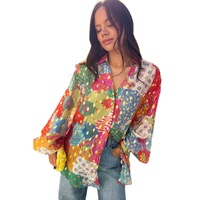 Rose Red Colorblock Abstract Print Button up Loose Shirt - XL thumbnail