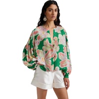 Green Floral Print Button up Pleated Puff Sleeve Loose Shirt - XL thumbnail